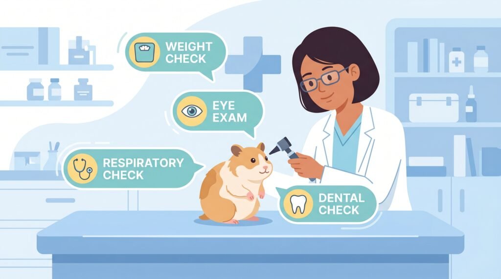 an–exotic–veterinarian–examining–a–hamster–on–an–exam–table–with–callout–bubbles–showing–weight–check–eye–exam–respiratory–check–and–dental–check–steps