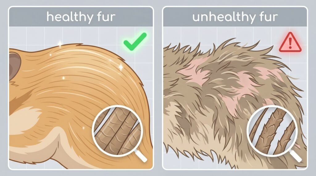 comparing–healthy–hamster–fur–with–smooth–flat–aligned–strands–versus–unhealthy–fur–showing–patchy–dull–and–clumping–coat–with–bare–spots