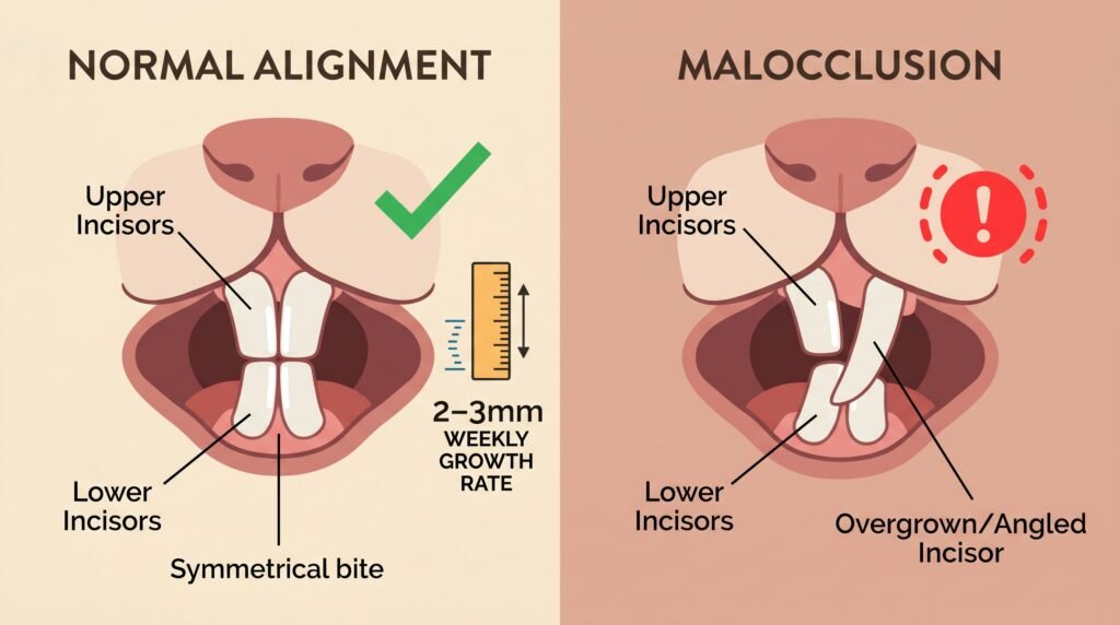 hamster–incisor–alignment–showing–normal–tooth–symmetry–versus–malocclusion–with–overgrown–angled–tooth–and–growth–rate–indicator