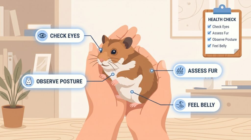 human–hands–holding–a–hamster–during–a–health–check–with–callout–labels–pointing–to–eyes–fur–spine–and–posture–alongside–an–animated–checklist