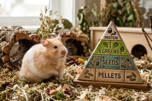 a-syrian-hamster-sitting-next-to-a-ceramic-nutritional-pyramid-in-a-naturalistic-enclosure