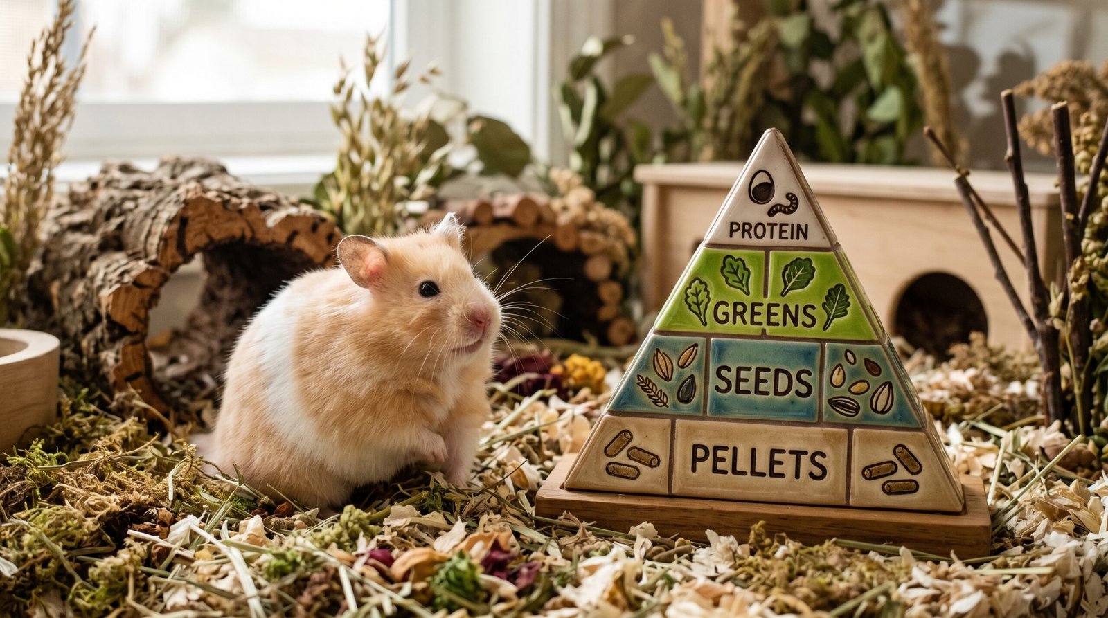a-syrian-hamster-sitting-next-to-a-ceramic-nutritional-pyramid-in-a-naturalistic-enclosure