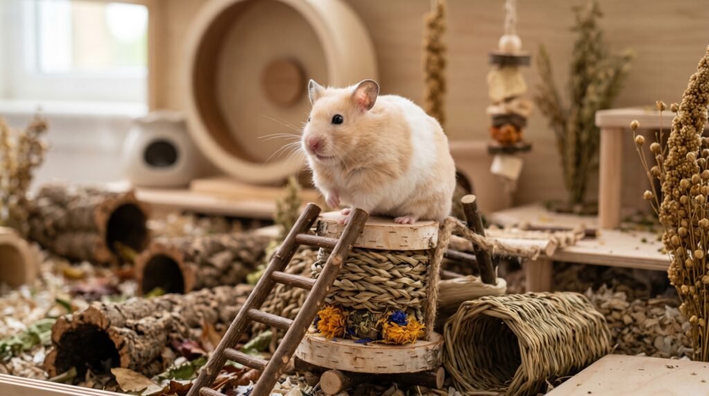 a-thriving-pedigree-hamster-sitting-on-natural-wooden-enrichment-toys