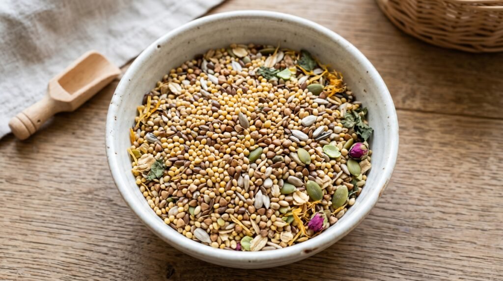 a-variety-of-natural-seeds-grains-and-herbs-in-a-ceramic-hamster-bowl