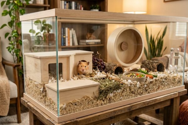 happy-golden-syrian-hamster-peeking-out-of-clean-wooden-hide-in-modern-enclosure