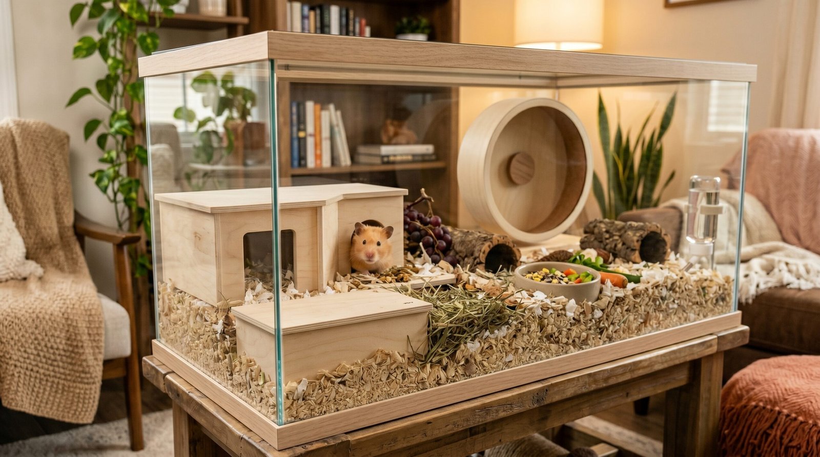 happy-golden-syrian-hamster-peeking-out-of-clean-wooden-hide-in-modern-enclosure