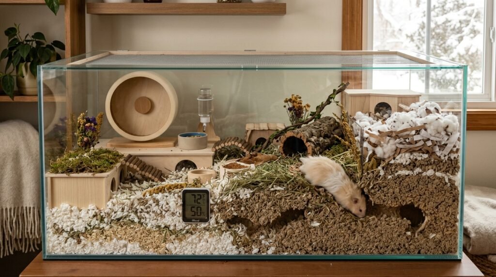 ideal-hamster-cage-setup-for-winter-with-deep-bedding-and-thermometer