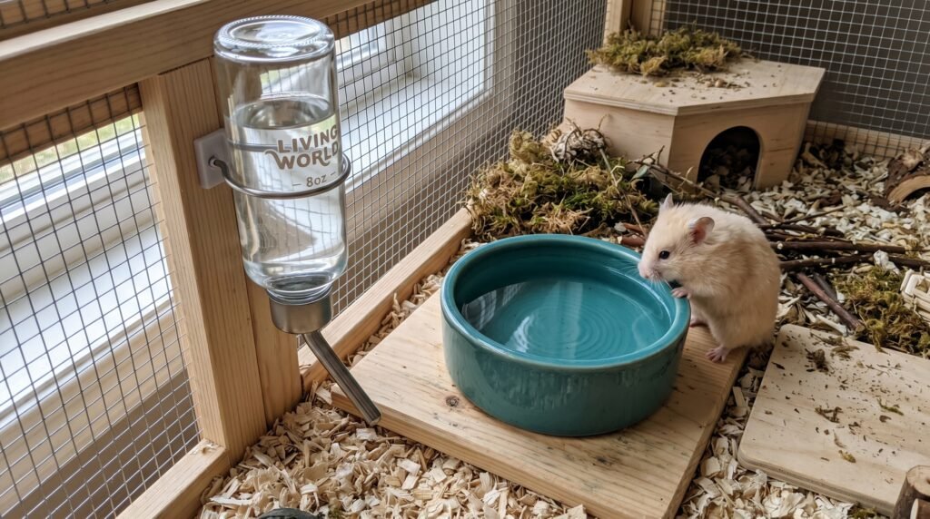 setup-showing-both-a-glass-water-bottle-and-a-shallow-ceramic-water-bowl-on-a-wooden-platform