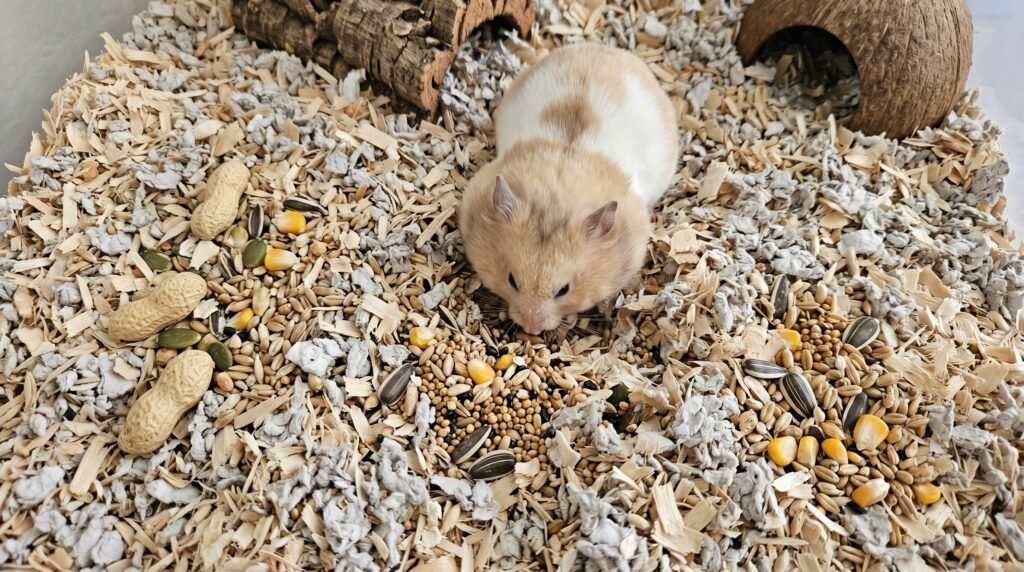 top-down-view-of-hamster-seed-mix-scattered-across-natural-bedding-for-foraging