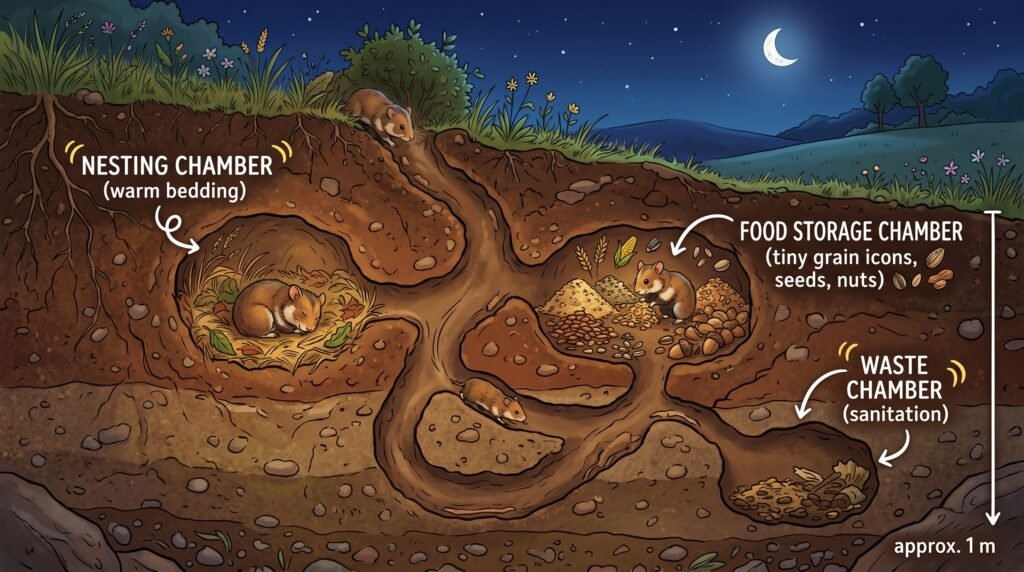 animated-cross-section-of-natural-wild-hamster-burrow-system