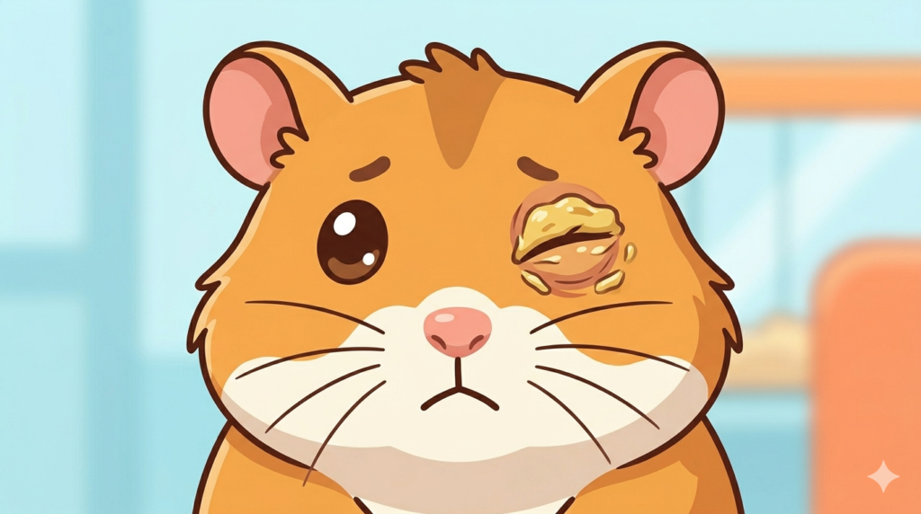 animated–illustration–fluffy–hamster–right–eye–sealed–shut–yellow–crusts