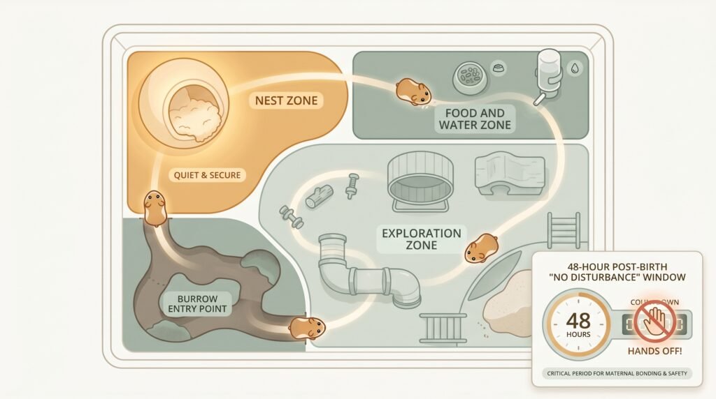 hamster–cage–layout–infographic–showing–nest–zone–food–zone–and–no–disturbance–48–hour–window–after–hamster–birth