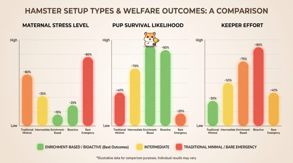 hamster–setup–type–comparison–infographic–bar–chart–showing–maternal–stress–pup–survival–and–keeper–effort–across–five–cage–setups
