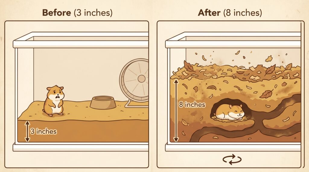 hamster–cage–substrate–depth–comparison–infographic–showing–3–inch–vs–8–inch–bedding–depth–for–pregnant–hamster