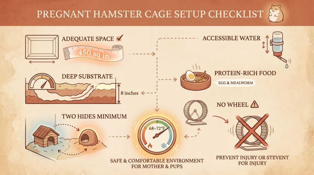 pregnant–hamster–cage–setup–checklist–infographic–showing–substrate–depth–hide–placement–water–bottle–height–temperature–and–food–requirements