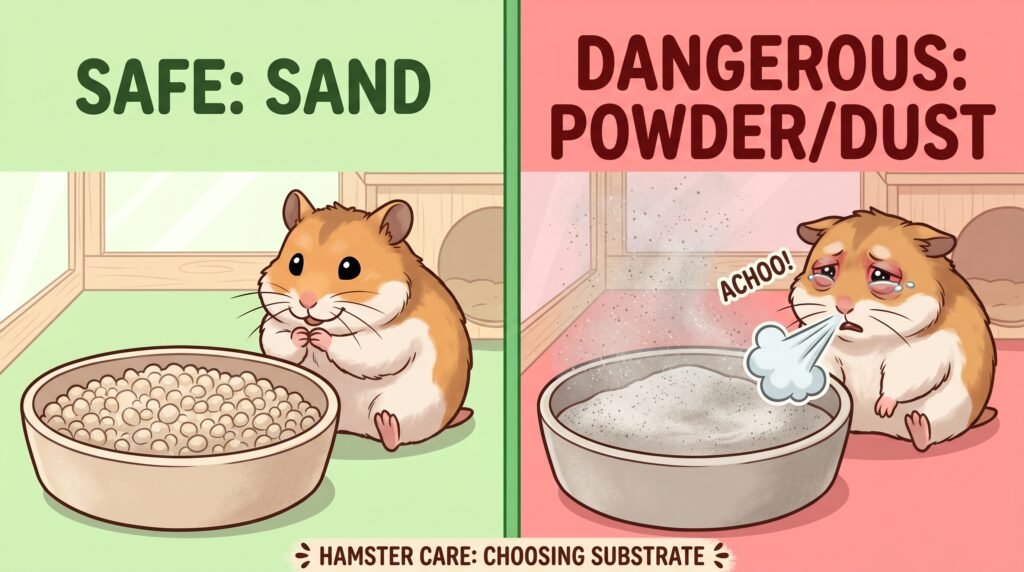 visual–comparison–illustration–of–safe–large–grain–sand–vs–dangerous–dusty–hamster–powder
