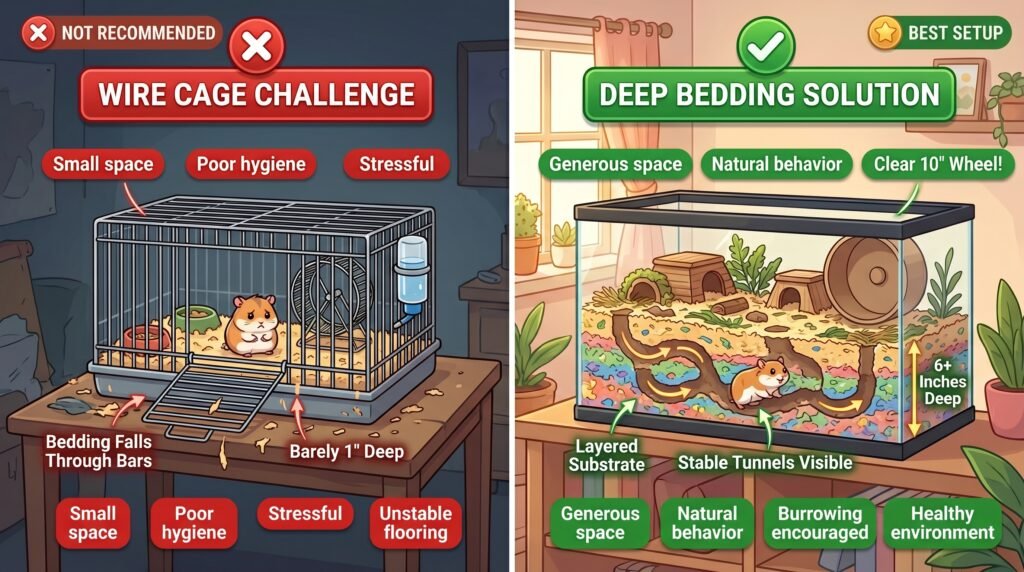 animated-infographic-comparing-wire-cage-vs-glass-tank-for-hamster-bedding-depth
