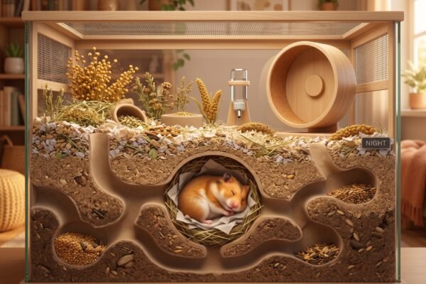 animated–cutaway–view–of–a–hamster–sleeping–deep–under–bedding–in–a–natural–cage