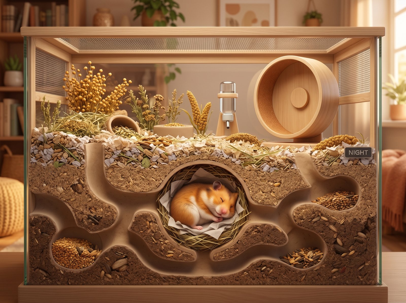 animated–cutaway–view–of–a–hamster–sleeping–deep–under–bedding–in–a–natural–cage