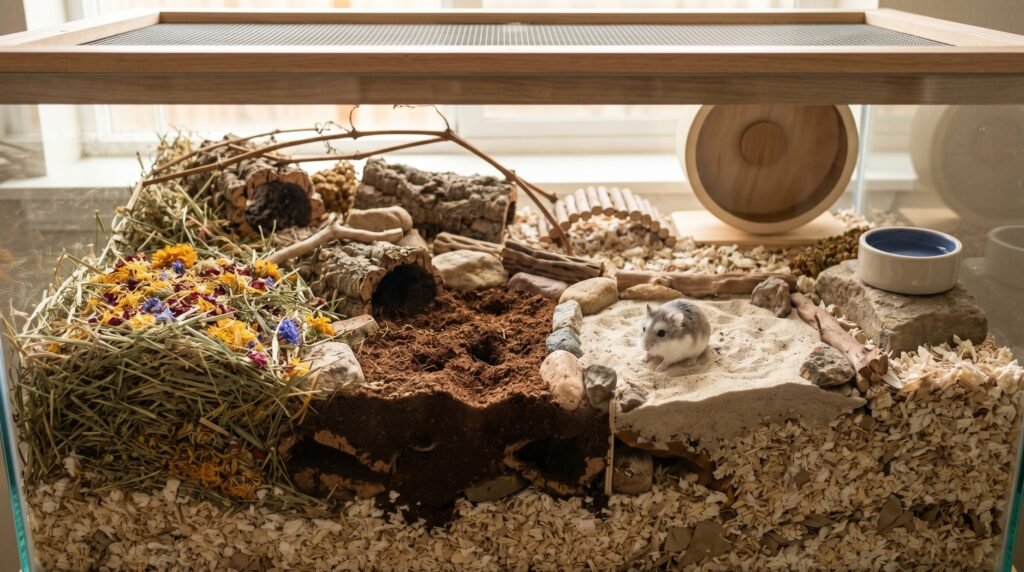 photo-of-enriched-hamster-enclosure-featuring-coco-soil-digging-pit-sand-bath-and-hay-textures