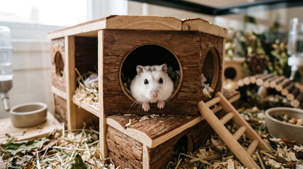 calm-winter-white-hamster-hiding-in-wooden-house