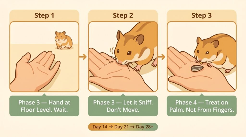 three–step–hamster–taming–protocol–infographic–showing–hand–at–floor–level–hamster–sniffing–and–treat–on–palm–progression