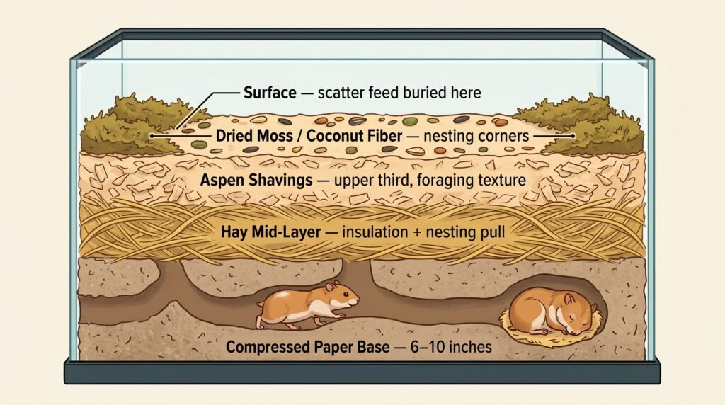 animated–cross–section–infographic–showing–five–labeled–hamster–bedding–layers–from–compressed–paper–base–to–surface–scatter–feed