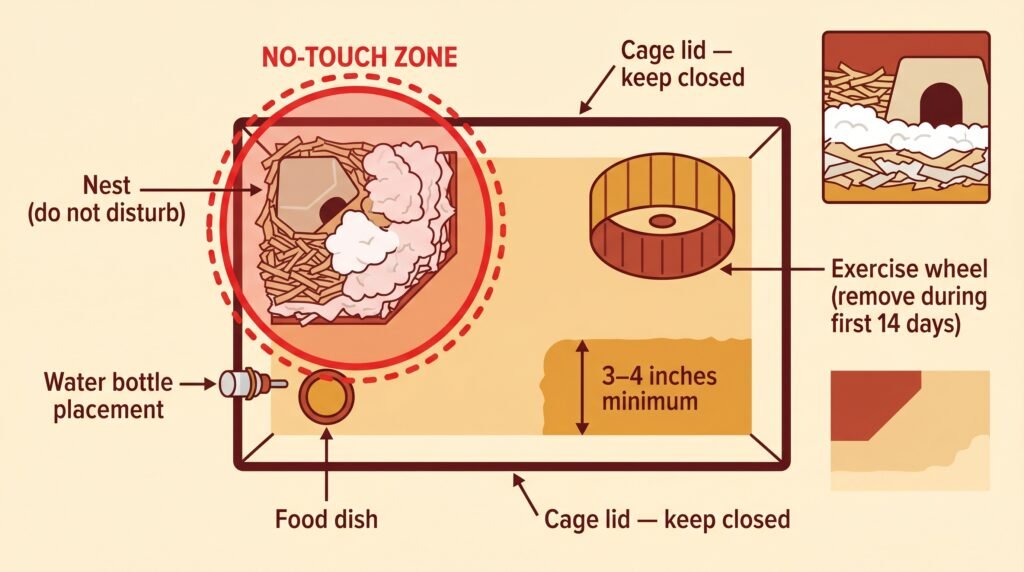 hamster–cage–setup–diagram–showing–no–touch–zone–around–newborn–pup–nest–infographic
