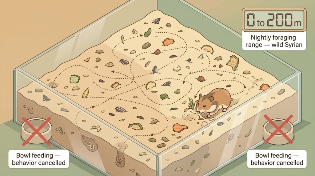 animated–infographic–showing–hamster–scatter–feeding–technique–versus–bowl–feeding–with–nightly–foraging–range–counter