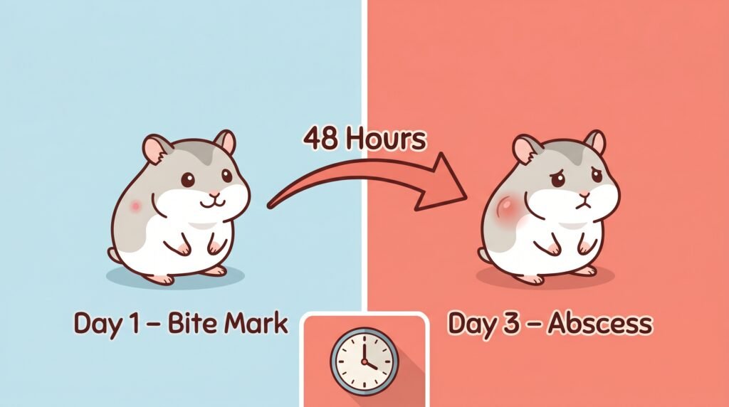 animated–infographic–split–panel–showing–hamster–bite–mark–on–day–one–progressing–to–abscess–swelling–within–48–hours