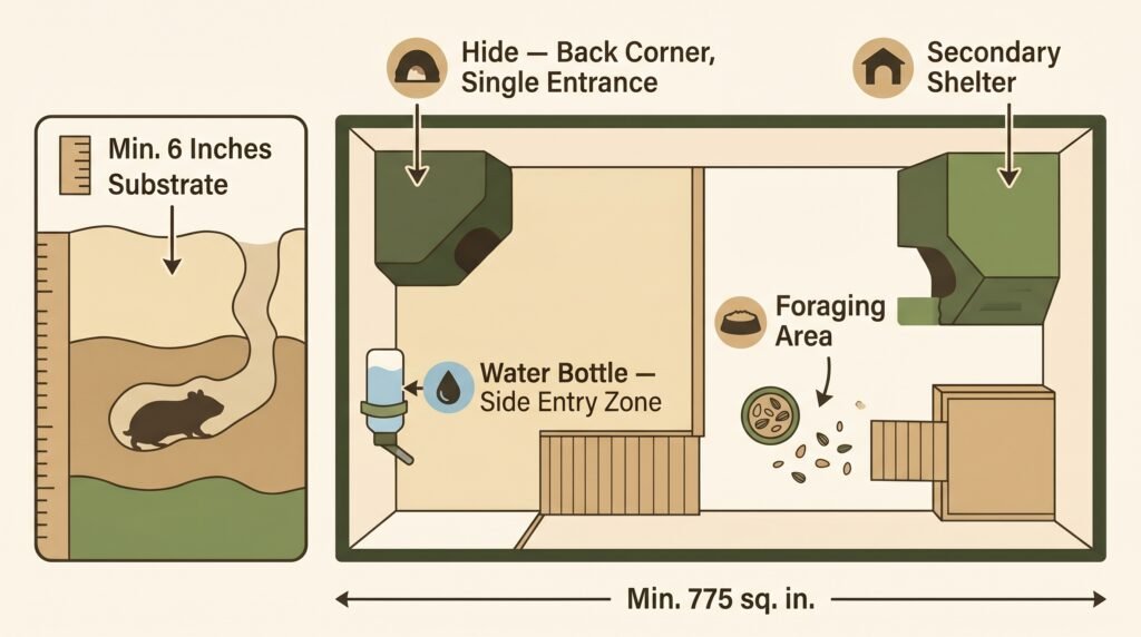 ideal–hamster–cage–setup–floor–plan–infographic–showing–hide–placement–substrate–depth–and–enrichment–zones