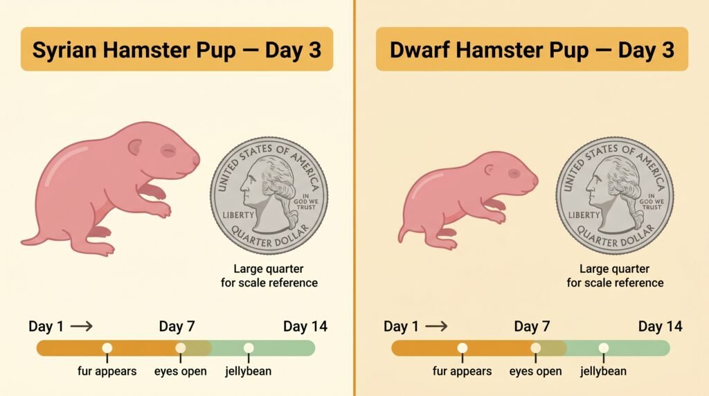 syrian–hamster–pup–vs–dwarf–hamster–pup–day–3–size–comparison