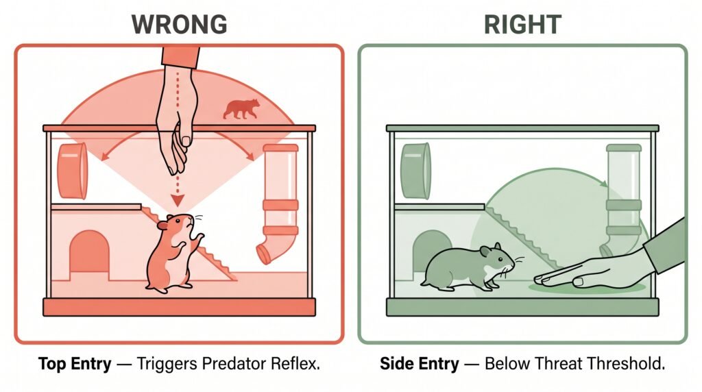 wrong–vs–right–hand–entry–approach–into–hamster–cage–infographic–showing–top–entry–danger–versus–side–entry–safe–zone