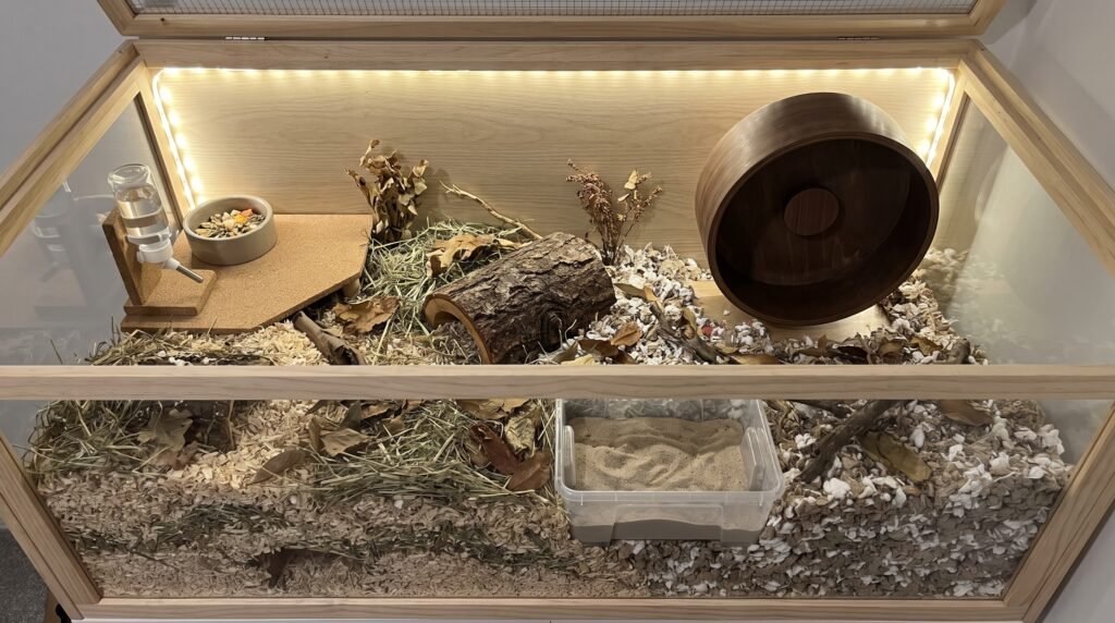 ideal-hamster-cage-layout-with-wheel-hide-and-bedding